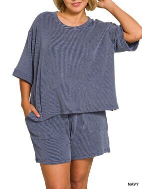 Zenana raised rib tee & short set- Navy